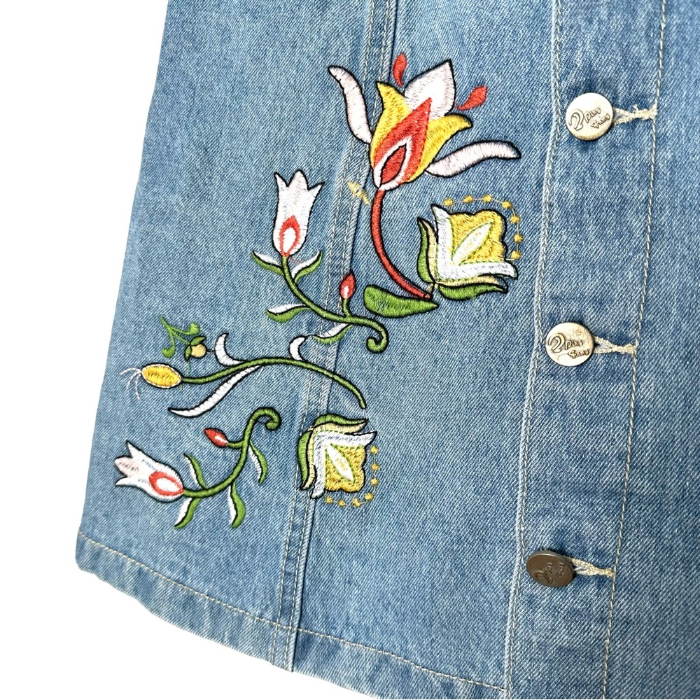 Boho Embroidered Floral Folk Art Western Cottagecore Button Up Denim Mini Skirt - Picture 4 of 9